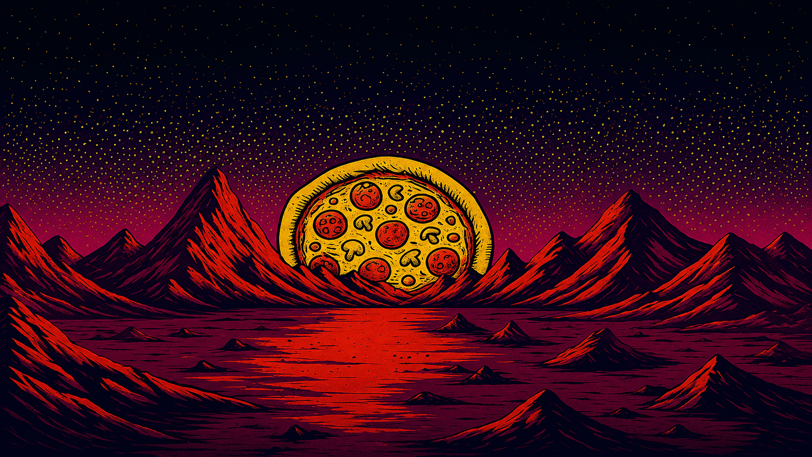 A pizza rising like the sun over cosmic red mountains